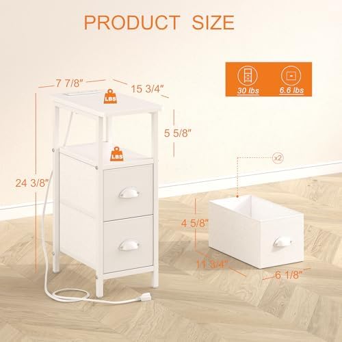 sthmec Narrow End Table with Charging Station, Narrow Side Table with 2 Fabric Drawers, Slim Nightstand, Skinny Bedside Table, Small Side Table for Small Spaces, Living Room, Bedroom, White