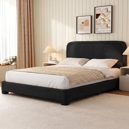WEUP Queen Size Boucle Bed Frame, Upholstered Cloud Bed Frame with Adjustable Headboard, Soft Rounded Corners, No Box Spring Required, Easy Assembly, Black