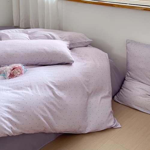 AOJIM 100% Cotton Double Gauze Duvet Cover Set 3 Pieces Purple Polka Dot Princess Style Bedding Set King Size, Soft Cozy Bedding Comforter Cover with 2 Pillowcases for Girls, Women, Kids & All Ages