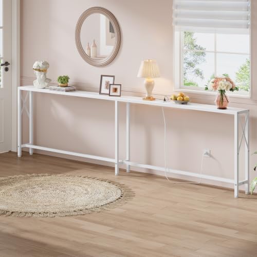 Gewudraw 102" Sofa Table Behind Couch & Socket-Narrow Console Table,White