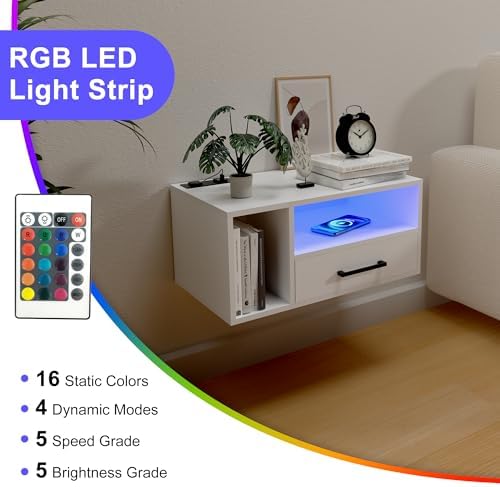 Homaterial Floating Nightstand with Charging Station & Lights, White