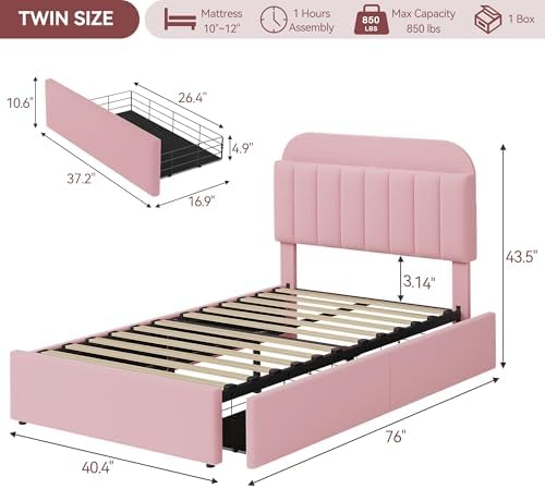 IDEALHOUSE Twin Bed Frame for Kids, Boucle Upholstered Platform Bed for Girls with 2 Flexible Drawers, Bookcase Headboard, Noise-Free, Easy Assembly, No Box Spring Needed, Pink
