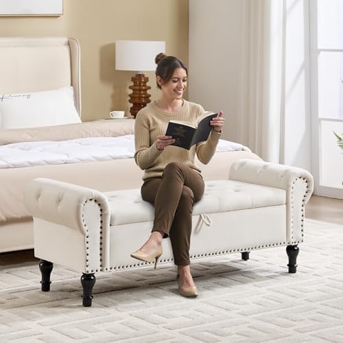 Storage Bench for Bedroom, 51" Upholstered End of Bed Bench, Velvet Queen Size Benches with Rolled Arms, Tufted Button Storage Long Ottoman, Living Room, Entryway, Beige