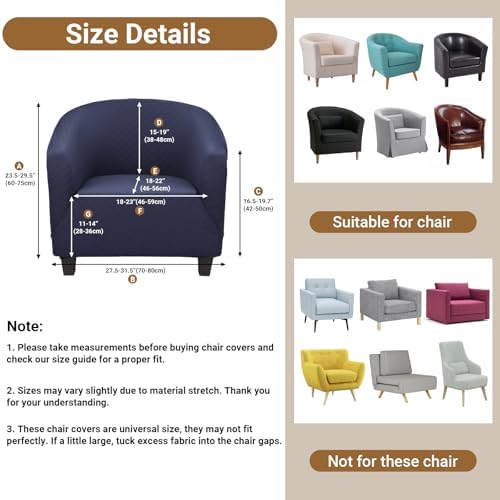 Barrel Chair Covers Slipcover 1 Piece, 2 Pack Stretch Navy Blue Club Chair Cover with Arms, Round Back Chair Covers Armchair Sofa Removable Couch Protector for Bar Living Room Bedroom
