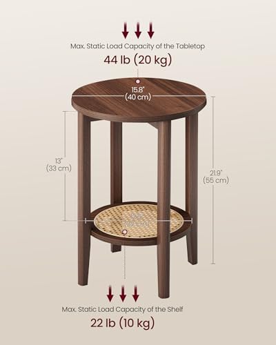 VASAGLE Round Side End Table, 2-Tier Boho Bedside Table with Rattan-Look