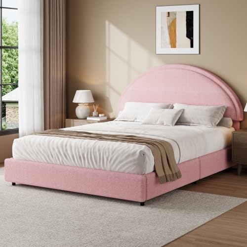 REVOMINCA Queen Bed Frame, Upholstered Platform Bed with Headboard, Boucle Bed Frame with Round Corner, No Box Spring Required, Easy Assembly, Pink