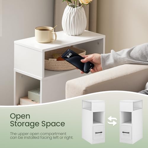 CHOEZON Narrow Side Table, 7.9" Small Nightstand with Drawer, Skinny Bedside Table, for Small Spaces, Flexible Open Compartment, for Bedroom, Living Room, White MBZ11WB