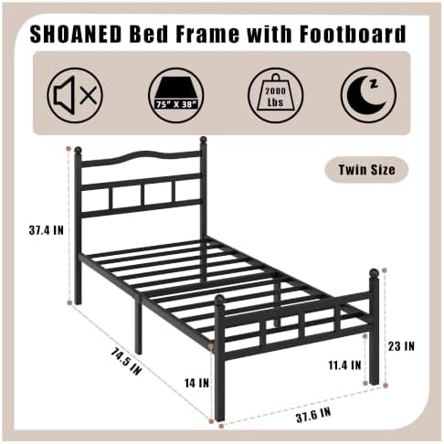 14 Inch Metal Bed Frame - Twin Size Heavy Duty Bedframe with Headboard & Footboard Black Basic Steel Slats Platform No Box Spring Needed/Easy Assembly/Noise Free