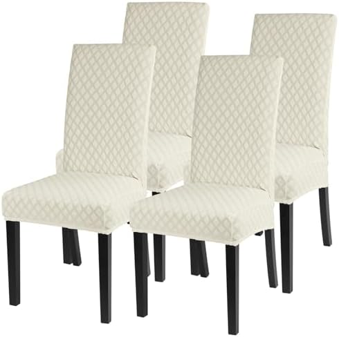 SearchI Dining Room Chair Covers Set of 4, Stretch Jacquard Parsons Chair Slipcovers Super Fit Removable Washable Kitchen Chair Protector Cover for Dining Room, Hotel, Ceremony (Cream)