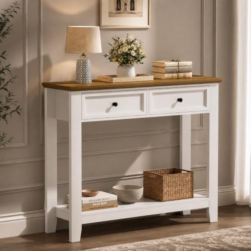 38.6" W Narrow Console Table with 2 Drawers, White