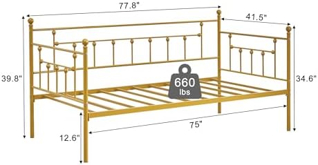 VECELO Twin Size Daybed Frame Metal Steel Slat Support with Headboard Sofa Bed Platform for Living Room, Guest Room, Easy Assembly, Gold