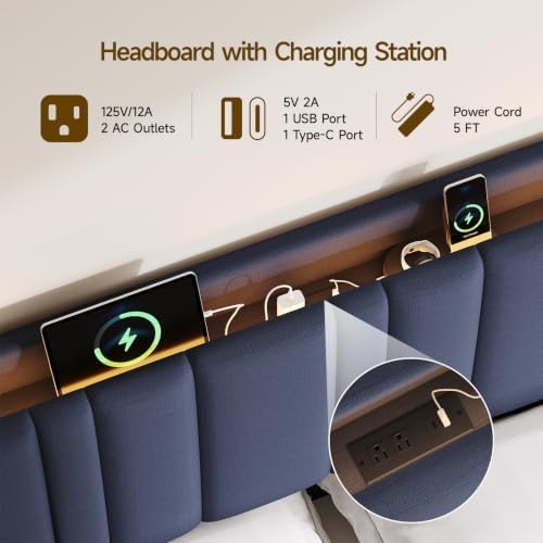 ONBRILL King Size Headboard with Storage, LED Light, Blue
