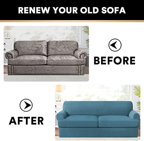 PrinceDeco T Cushion Sofa Slipcover 3 Pieces Sofa Covers for T Cushion Couch Soft Couch Covers Sofa Slip Cover Furniture Covers with 2 Individual T Shape Seat Covers (70"-88"), Storm Blue