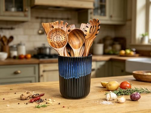 Large Stoneware Kitchen Utensil Holder for Kitchen Counter & Countertop Cooking Utensil Holder Spatula Holder Utensil Crock for Kitchen Counter Vertical Ribbed Fluted Stripe (Royal Blue)