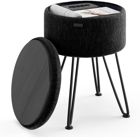 Round Ottoman with Storage, Textured Velvet Storage Ottoman, Foot Stool Ottomans, Makeup Vanity Stool, Small Ottomans Foot Rest, Modern Vanity Stools for Living Room and Bedroom, Black