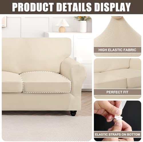 SearchI Stretch Sofa Cover Couch Cover, 3 Pieces Loveseat Slipcover with 2 Separate Cushion Cover, Washable Furniture Protector for Living Room(Loveseat, Beige)