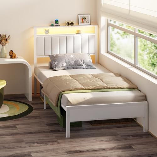 Furnulem White Twin Bed Frames with PU Upholstered Headboard & LED Lights