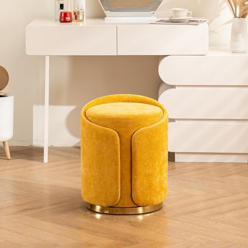 Swivel Vanity Stool with Gold Base Comfy Vanity Chair Modern Round Stool for Makeup Vanity Ottoman Foot Rest for Bedroom livingroom (Yellow)