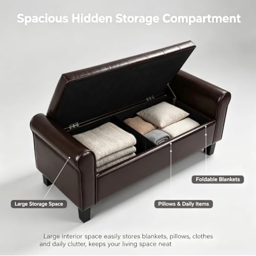 51 Inch Brown Faux Leather Storage Ottoman Bench with Rolled Armrests