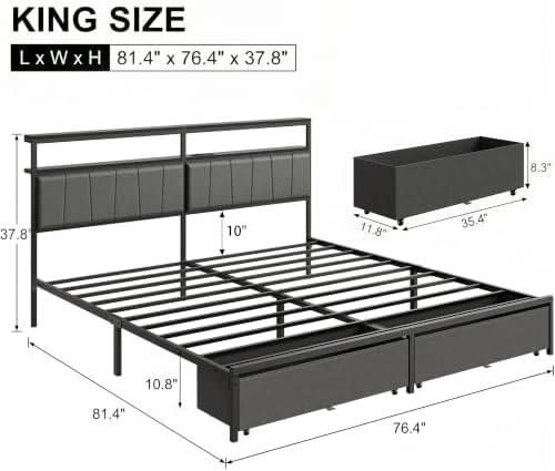 King Bed Frame with Storage Drawers and Charging Station, Grey