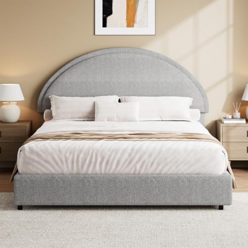 REVOMINCA Full Size Bed Frame, Upholstered Platform Bed with Headboard, Boucle Bed Frame with Round Corner, No Box Spring Required, Easy Assembly, Grey