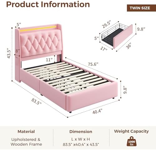Jocoevol Twin Size Bed Frame with 2 Storage Drawers & Hidden Headboard