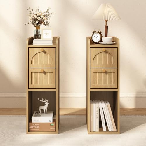 7.87" Narrow Nightstand Set of 2, Fluted Slim Bedside Table with 2 Drawers, Mid Century Modern Small End Table with Gold Metal Handles, for Bedroom, Living Room & Small Spaces - Natural