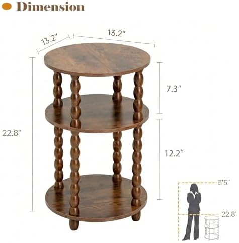 3-Tier Round Side Table, Small End Table with Solid Wood Spindle Legs Brown