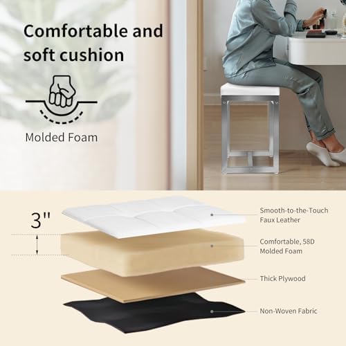Vanity Stool Chair, Modern PU Leather Ottoman Foot Rest White&Silver