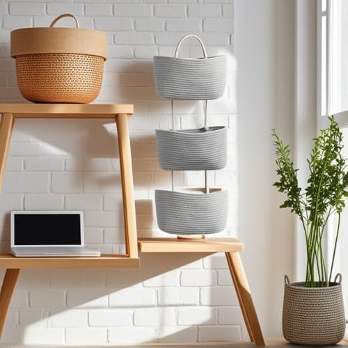 Over the Door Organizer, 3 -Tier Wall Hanging Basket with Hooks