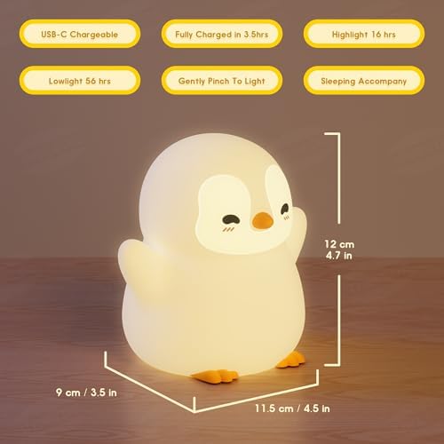 UNEEDE Standing Penguin Night Light with Detachable Bunny Hat - Rechargeable Silicone Touch Lamp, 2-Level Dimmable, 20-Min Timer, Nursery Decor for Kids & Holiday Gifts