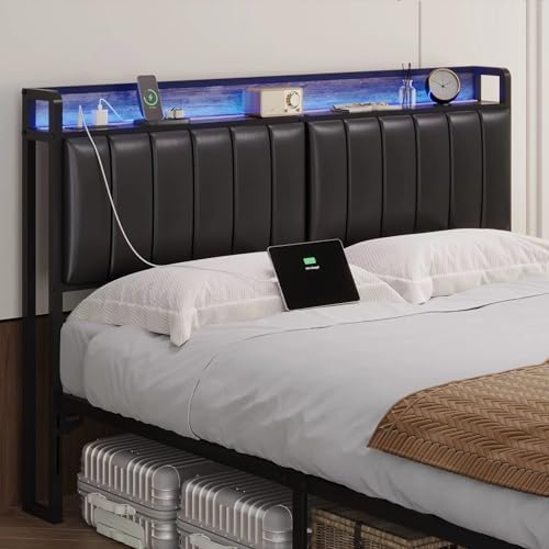 Full Headboard Only with Storage& Outlets,Bed Headboard Full Size,Black PU