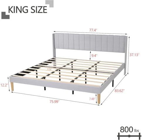 King Size Bed Frame with Upholstered Headboard, Light Gray