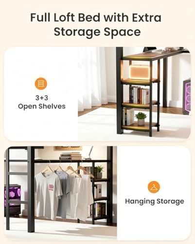 Full Loft Bed with Desk & Shelves for Teens/Adults, Guardrails, Ladder
