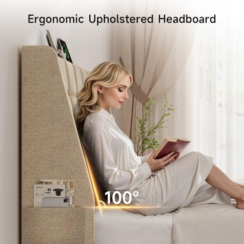 ONBRILL Ergonomic Headboard Full Size with Charging Station, Beige