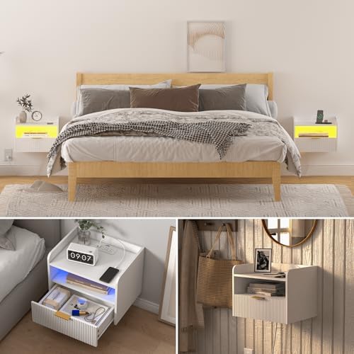 Veegle White Floating Nightstand with Charging Station and LED Lights (White)
