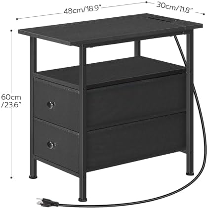 HOOBRO End Table with Charging Station, Narrow Side Table, Nightstand with 2 Non-Woven Drawers, Slim Sofa Side Table, for Small Spaces, Living Room, Bedroom, Black BB486UBZ01
