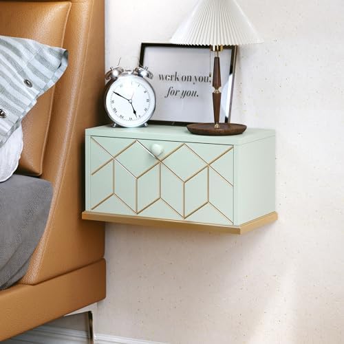 HLR Floating Night Stand, Small Nightstand with Flap Door, Morden Wall Mounted Floating Nightstand for Bedrooms,Green