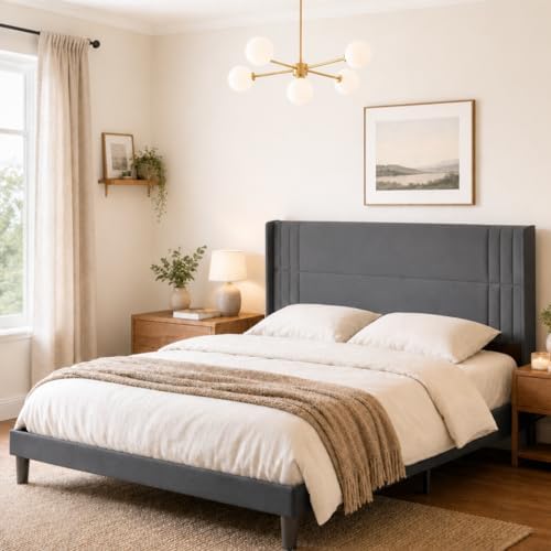 Gizoon King Bed Frame with Wingback Headboard, Upholstered Platform Bed