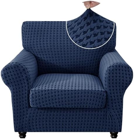 MAXIJIN 2 Pieces Stretch Chair Cover Armchair Covers for Living Room Thick Soft Chair Slipcovers with Arms Dogs Pet Single Sofa Couch Protector with Elastic Bottom (Navy Blue, 31"-46")