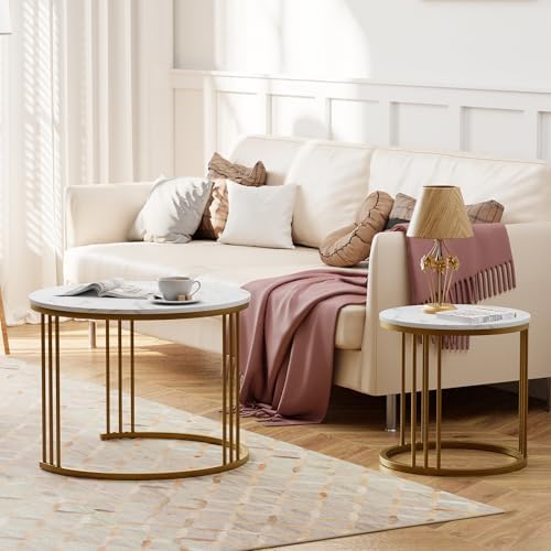 Garden 4 you Coffee Table Faux Marble Nesting Table for Small Place 2 Sets Modern Furniture Living Room Sets End Side Table Night Stand for Bed Room Dining Room (White & Gold)