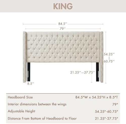 Madison Park Amelia Upholstered Headboard | Nail Head Trim Wingback Button Tufted | King, Cream
