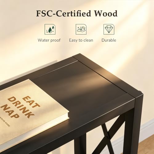 Gewudraw 102" Sofa Table Behind Couch & Socket-Narrow Console Table, Black
