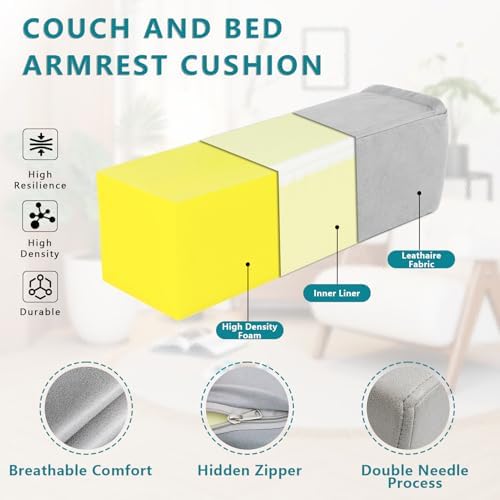 2 Pack Couch Arm Rest Pillow, 6''x6''x20'' Faux Leather Waterproof Cover, High Density Foam Armrest Cushion, Removable & Washable Elbow Support for Sofa, Bed, and Armchair (Medium Grey)