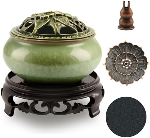 Ceramic Incense Burner with Lotus Incense Holder, Multi-Functional Incense Burner Holder for Incense Sticks, Coil Incense and Cones, Perfect Home Decor