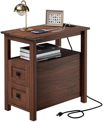 VVFLU Farmhouse End Table with Charging Station and 2 Storage Drawers, Cherry Wood Nightstand Narrow, Skinny Side Table Rustic, Slim Bedside Table, Open Shelf, Small for Bedroom, Living Room, Sofa