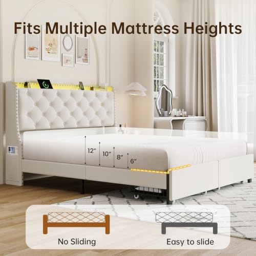 Full Size Upholstered Bed Frame with Headboard & 2 Drawers, Beige