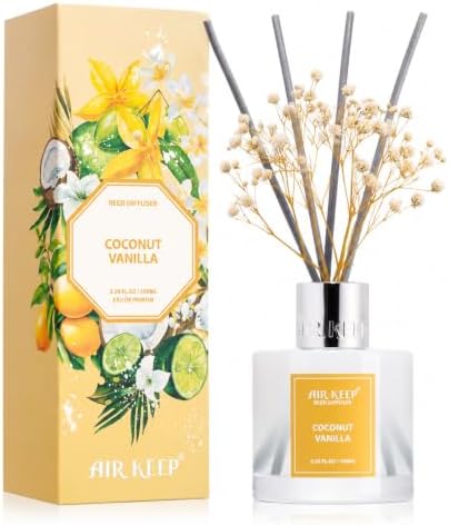 Airkeep Reed Diffuser Set,3.38 fl oz (100 ml) - Coconut Vanilla Oil Diffusers with 8 Reed Sticks, Home Fragrance Reed Diffuser for Bathroom Shelf Decor