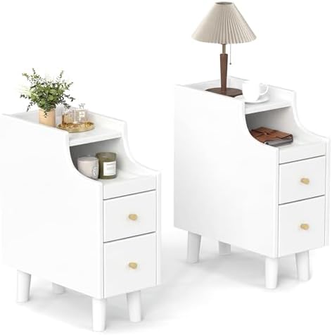 KOMFOTT Narrow Nightstand with Drawers, Solid Wood Bedside Table with Pull-Out Tray & 2 Storage Drawers, Slim Sofa End Table with Cable Management for Small Spaces, Bedroom (White,8" x 16" x 20",2)