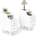 KOMFOTT Narrow Nightstand with Drawers, Solid Wood Bedside Table with Pull-Out Tray & 2 Storage Drawers, Slim Sofa End Table with Cable Management for Small Spaces, Bedroom (White,8" x 16" x 20",2)